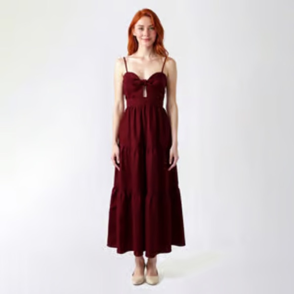 Trixxi Large Burgundy Tiered Front Tie Knot Maxi Dress